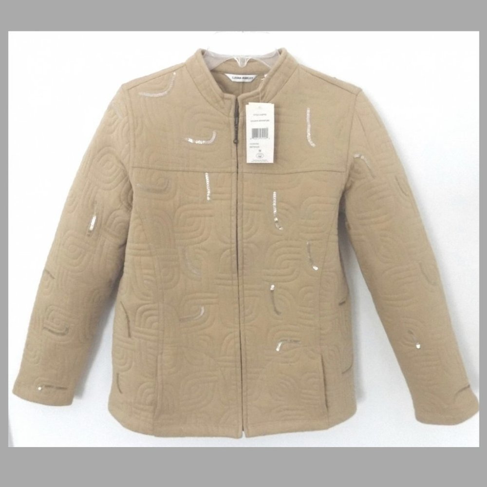 NWT Light quilted jacket M Tan Sequins Zip Pure cotton Brown Pocket Laura Ashley